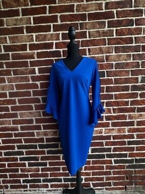Calvin Klein Royal Blue V‑Neck Midi Dress with Ruffle Sleeves